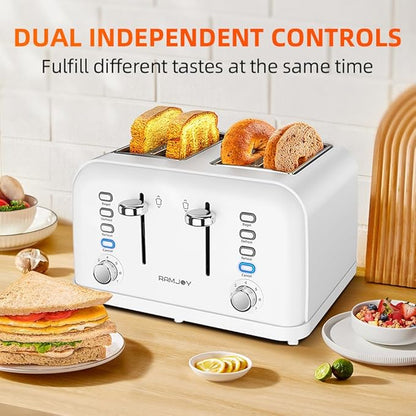 White Toaster 4 Slice, Dual Independent Controls, Extra Wide Slot Toasters