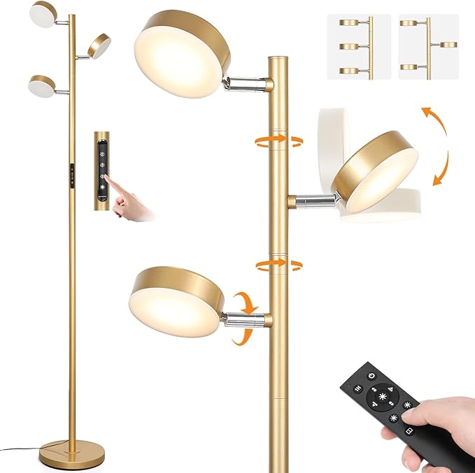 Gold Floor Lamp for Living Room with Remote Modern Tall Standing Lamp Dimmable LED Brass Tree Floor Lamps with 3 Adjustable Heads Touch Control 4 Color Temperatures for Bedroom Office Reading