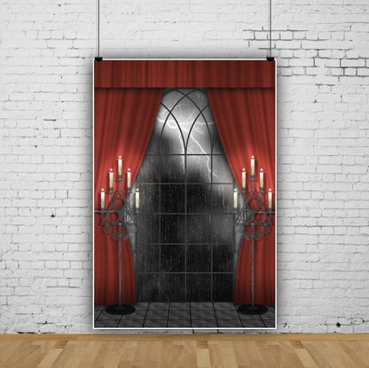 Renaiss 8x10ft Vintage Gothic Window Backdrop Red Curtain Candlestick Black Floor Lightning Stormy Sky Vampire Medieval Castle Photography Background Halloween Dress Up Party Decors Photo Booth Props