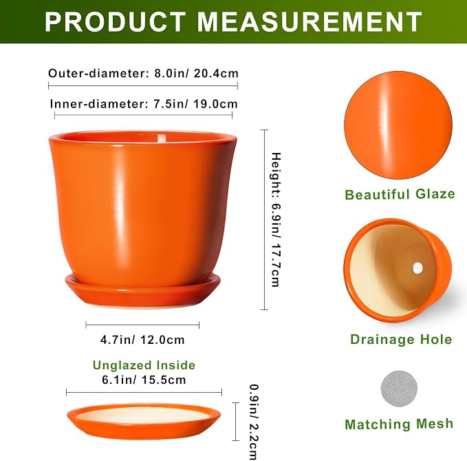 Ceramic Planter - 8 Inch Plant Pot with Drainage Hole and Saucer, Modern Planters for Indoor Outdoor Plants, Round Flower Pot, Home Patio Office Decor, House Warming Gifts, Orange