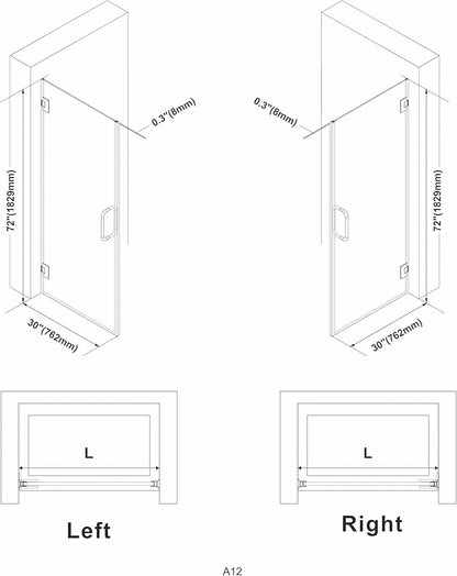 Bathroom Frameless Shower Door 30" W*72" H, 5/16" Clear Tempered Glass Hinged