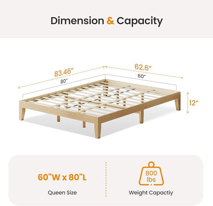 Queen Size Wood Platform Bed Frame, 12 Inch Solid Wood Bed Frame with Wooden Slats, No Box Spring Needed, Easy Assembly, Rustic Pine