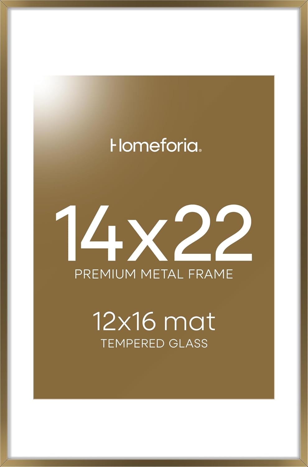 Homeforia 14x22 Picture Frame Bronze, High End Metal 14x22 Brass Poster Frames with Mat 12x16 for Photo, 14 x 22 Frame Matted to 12 by 16 Print, 22x14 Hanging Frame, Tempered Glass, Wall Kit, Set of 1