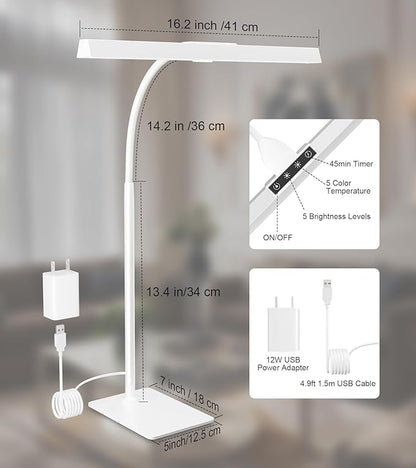 LED Desk Lamp for Home Office with Base, Eye-Caring Architect Task Light with Adjustable Gooseneck 12W USB Adapter Touch Control 5 Dimmable Brightness & Color Tall Lamp for Work,Reading,Craft