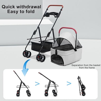 Pet Stroller Pram Dog Carrier Trailer 4 Wheels Foldable Dog with Storage Basket,Holds up to 44 lbs,Adjustable Handle,Folding Travel Stroller Suitable for Traveling with Cats and Dogs (Grey)