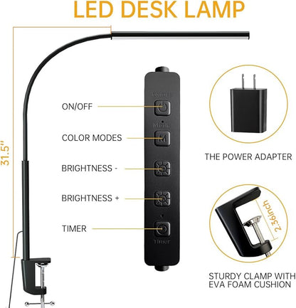 LED Desk Lamp with Clamp, Eye-Protection Clip on Desk Lamp, 5 Modes 10 Brightness Adjustment, 360°Flexible Gooseneck Lamp for Home Office, Lamps with USB Adapter，Black