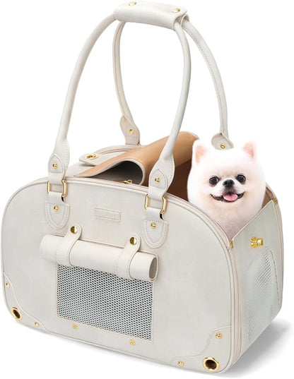 Dog Carrier Purse, Pet Carrier, Waterproof Premium Leather Pet Travel Portable Bag for Cat and Small Dog Home & Outdoor Medium Beige