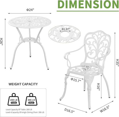 Withniture Patio Bistro Set 3 Piece Cast Aluminum Outdoor Bistro Set, Rust Resistance Bistro Table and Chairs of 2 with Umbrella Hole, Small Patio Set for Garden Outside, White