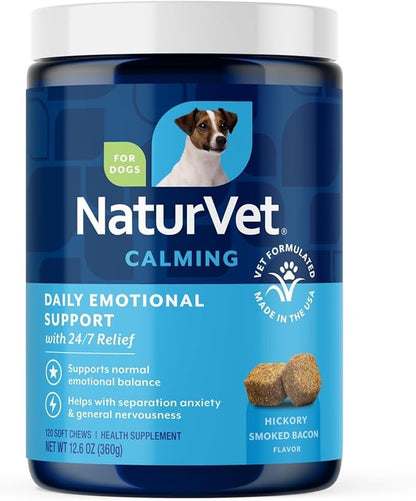NaturVet Emotional Support Daily Calming Aid Dog Supplement - Helps Promote 24/7 Normal, Calm Behavior - for Dog Stress, Nervousness, Separation, Unwanted Behavior - 120ct Soft Chews