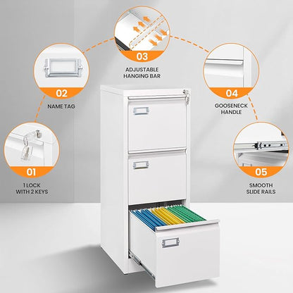 3 Drawer File Cabinet with Lock, Metal Filing Cabinets