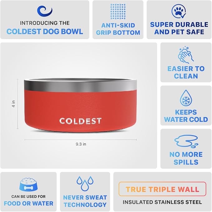 Coldest Dog Bowl - Anti Rust Metal, Non Slip, 3 Layers Insulated Stainless Steel Dog Bowls - Spill Proof & Heavy Duty - Water Bowl for Dogs, Cats & Pets, Dish Washer Safe (100 oz, Crimson Red)