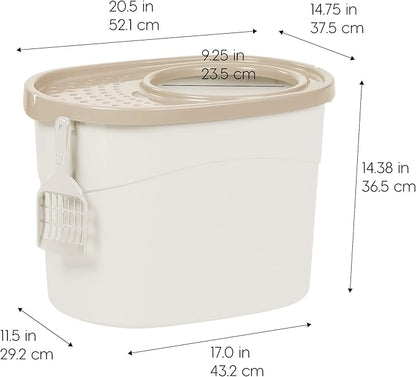 IRIS USA Cat Litter Box Large Top Entry with Lid Enclosed Covered Hooded Design Litter Catching Scatter Shield Pan Dog Proof Pet Proof Scoop Included Odor Control for Indoor Cats Kittens White/Beige