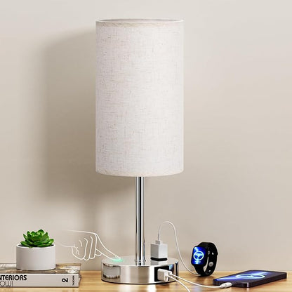17.4Inch Bedside Touch Table Lamps for Bedroom Nightstand with USB-C USB-A Charging Ports White - 3 Way Dimmable Control Small Lamp Fabric Shade Silver Base for Office, Dorm Room, Living Room, Reading