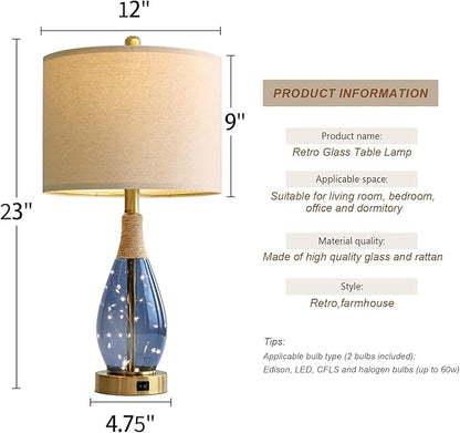 OYEARS 23" Table Lamps for Living Room Set of 2 Bedside Lamps for Night Stands Bedroom Lamps Farmhouse Rattan Boho Lamp Glass Nightlight End Table Lamp with USB C+A (Blue),Two Light Points