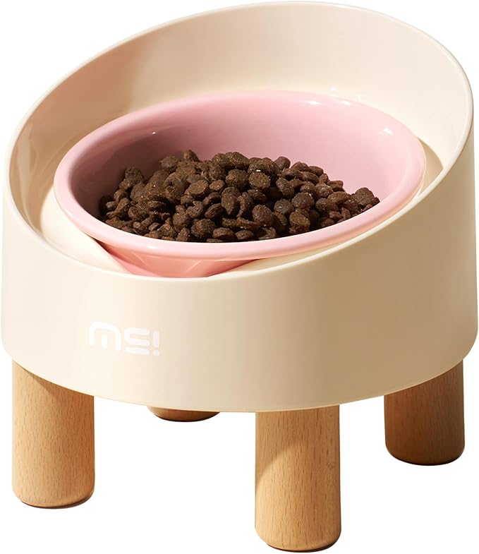 MS!MAKE SURE Cat Bowls, Adjustable Elevated Ceramic Cat Bowls with Anti-Slip Rubber Pad, Splash Guard, Lead & Cadmium Free, Whisker Friendly, for Puppies & Cats - 5.1" Wide, 295ML (10 oz), Pink