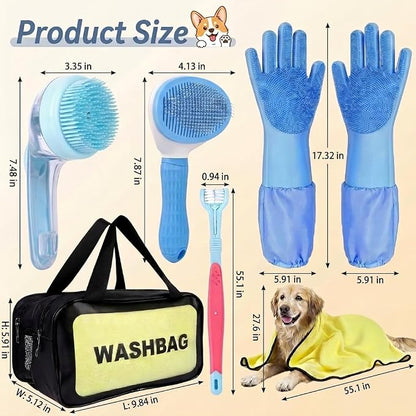 7 Pcs Dog Washing Kit: Shampoo Brush, Hair Brush, Washing Gloves, Dog Towel | Dog Brush for Shedding, Toothbrush, Large Towel, and Dry-wet Separation Bag, Dog Bath Grooming Kit, Dog Bath Supplies