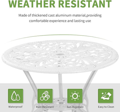 Withniture Bistro Set 3 Piece Outdoor Cast Aluminum Patio Bistro Set with Umbrella Hole, All Weather Bistro Table and Chairs Set, Small Patio Furniture Set for Garden, Porch,White