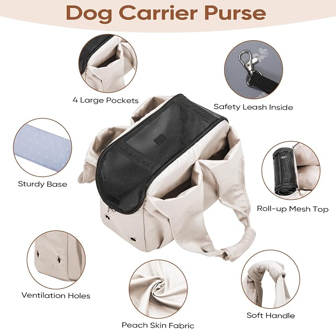 Dog Purse Carrier for Small Dogs, Cats, and Puppies – Soft-Sided Travel Pet Tote Bag with 4 Large Pockets, Foldable, Lightweight, Fits Pets up to 15 lbs, for Travel, Outings (Beige)