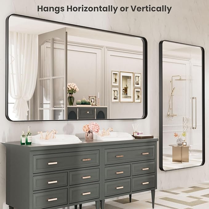 LOAAO 77X36 Inch Black Metal Framed Bathroom Mirror