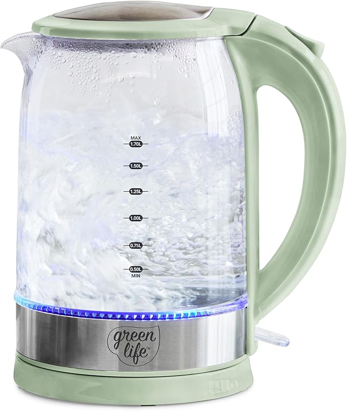 GreenLife 1.7 Liter Glass Electric Kettle, Easy One Touch Use, Quick Heating