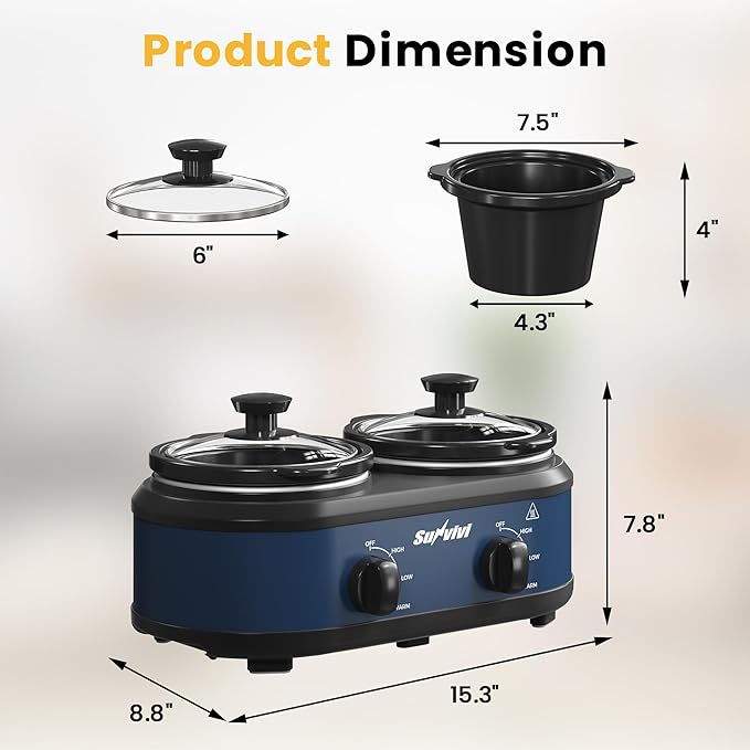 Sunvivi Double Slow Cooker, 2 Removable Pots Small Mini Crock Buffet Server and
