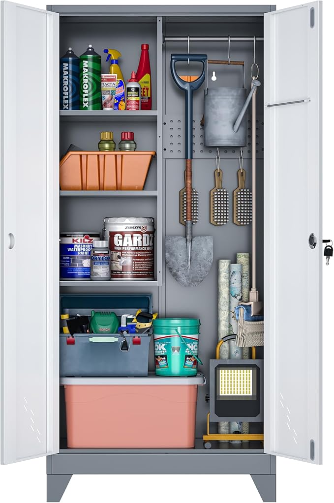 Metal Storage Cabinet with Locking Doors, Broom Closet/Freestanding Bathroom