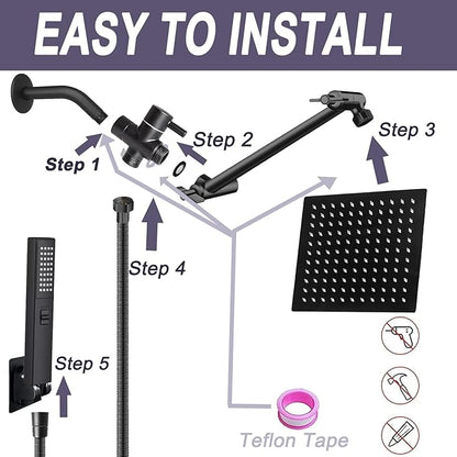 12" High Pressure Square Rain Shower Head and 2-in-1 Hand Shower, Rainfall