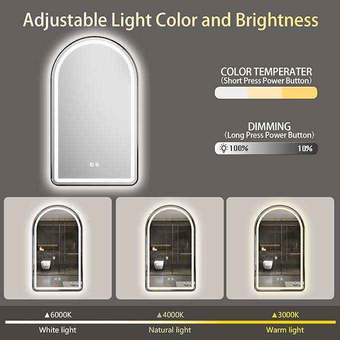 30x40 inch Black Tempered Glass LED Arched Mirror