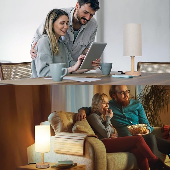 Small Table Lamp for Bedroom, Nightstand Lamp Linen Lampshade Bedroom Wood Base Small Bedside Lamp for Night Stands, Desk Lamps for Reading Living Room, Office (LED Bulb Included) (Wood Base)