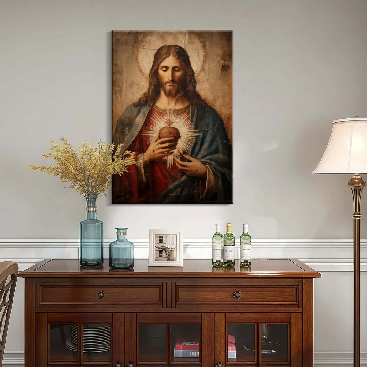 Framed Jesus Sacred Heart Canvas Painting Wall Art Christian Religious Poster Inspirational Bible Art Gallery Style Print for Bedroom Church Home Decor 24X36Inch Ready to Hang