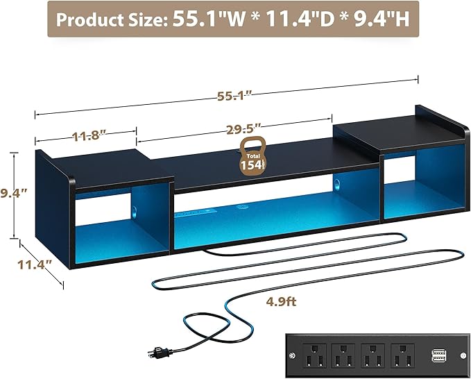 55.1"W Floating TV Stand with LED Lights & Power Outlets