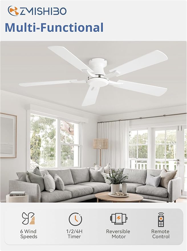ZMISHIBO 52 Inch Ceiling Fan No Light, Flush Mount Low Profile, Modern White