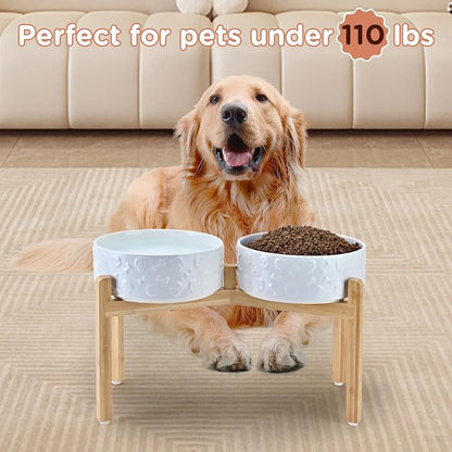 SPUNKYJUNKY Elevated Dog Bowls Ceramic, 8.3'' Dogs Food Water Bowls Raised with Non-Slip Bamboo Stand for Large Sized Breed Microwave Dishwasher Safe - 60 OZ,Skull White