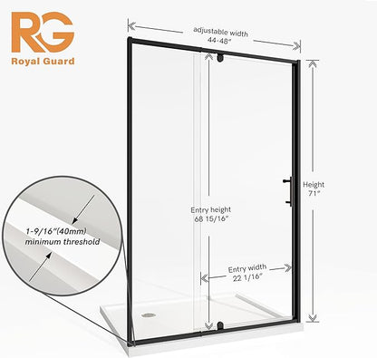 44-48" W x 71" H Pivot Shower Door, Pivot Semi-Frameless Swing Glass Shower Door