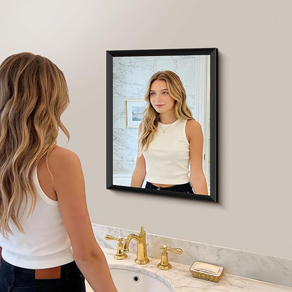 Black Bathroom Mirror 18 x 24 Inch Rectangle Wave Beveled