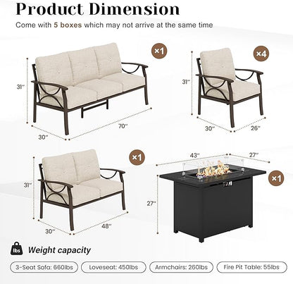 FansaFurn 7-Pieces Outdoor Patio Furniture Set with 43" Fire Pit Table, Metal Outdoor Sectional Furniture with Cushions, Outdoor Conversation Set for Garden, Balcony, Deck, Backyard, Khaki