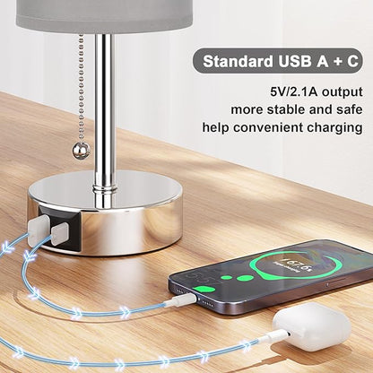 Silver Bedside Lamps for Bedroom Set of 2 - Nightstand Table Lamp with USB A + C Charging Port, 3 Color Temperatures Pull Chain Night Stand Light, Side Table Desk Reading Lamp for Living Room/Dorm