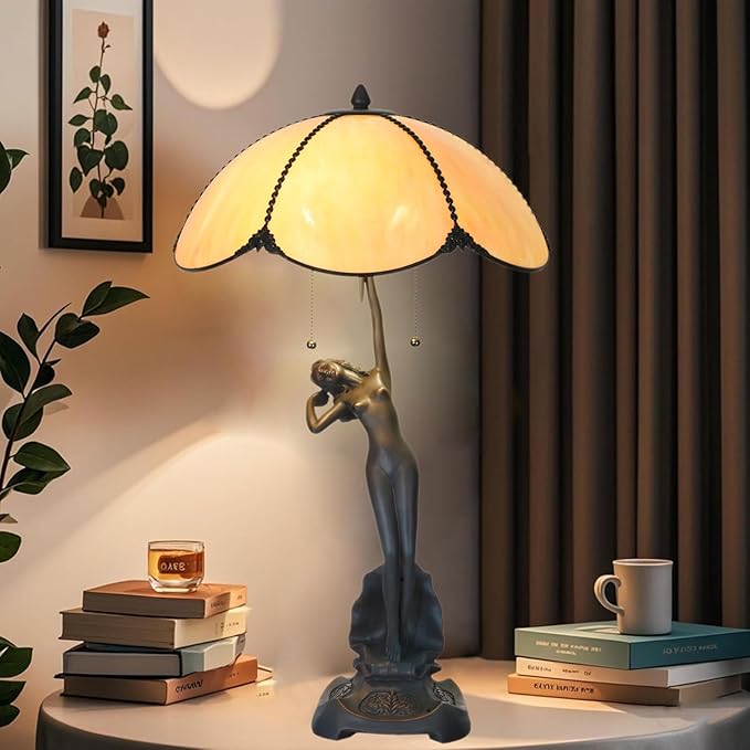 TL0033 Tiffany Style Table Lamp Stained Glass Umbrella Shade with Lady Sculpture Base W 15.75 X OH 27 Inches, Art Nouveau Lamp for Home Office, LED Bulbs Included