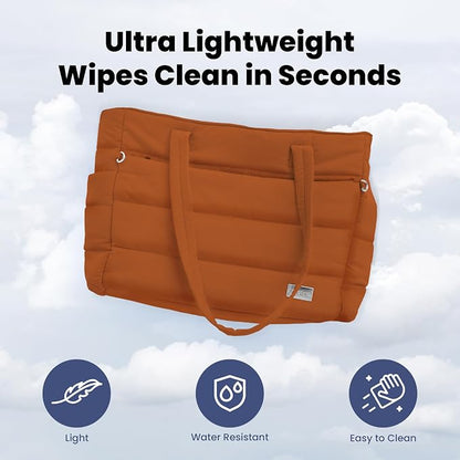 Puffer Dog Travel Bag for Dog Moms, Diaper Bag with Travel Bowls | 2 BPA-Free Collapsible Bowls, 2 Pet Food Containers, 9 Pockets, Everyday Puffer Bag Works With or Without Your Dog, Rust