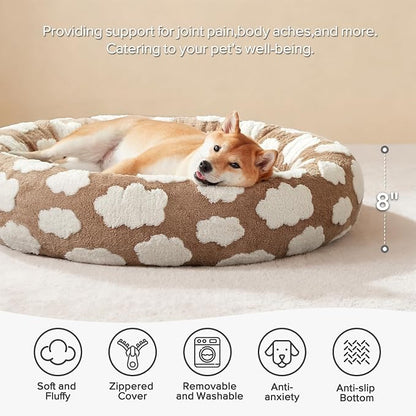 JOEJOY Jacquard Donut Round Dog Beds Medium Sized Dog,Brown 30x30x8in, Removable Washable Cover, Cute Pattern, Ultra Soft Fluffy Calming Pet Bed with Thick Supportive Bolster