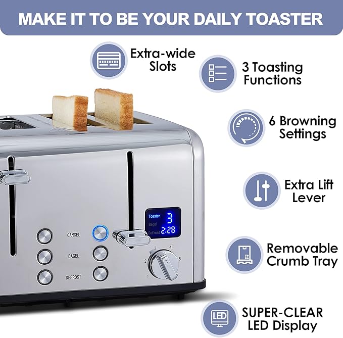 CUSIMAX 4 Slice Toaster, Ultra-Clear LED Display & Extra Wide Slots, Dual