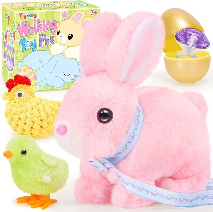 Tagitary Plush Toys Walking Bunny for Kids,Easter Stuffed Bunny with Sounds,Interactive Toys with Leash,Golden Egg,Wind Up Toy, Can Hop,Wiggle Ears,Twitch Nose,Ideal Easter Gifts for Toddlers