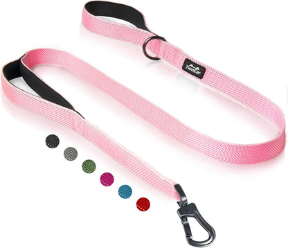 TwoEar 5FT 1IN Strong Pink Dog Leash with 2 Padded Handles, Traffic Handle Extra Control, Comfortable Soft Dual Handle, Auto Lock Hook, Reflective Walking Lead for Small Medium and Large Dogs