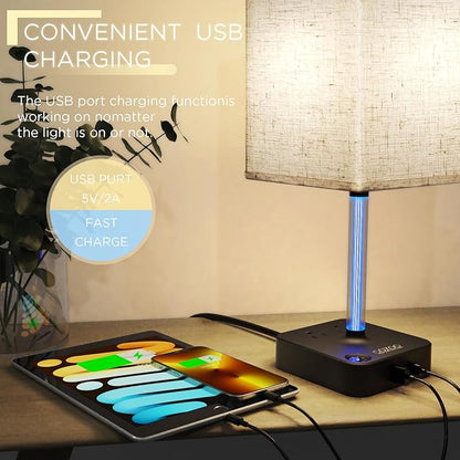 COZOO 3 Way Dimmable Touch Bedside Table Lamp with 3 USB Charging Ports 2 Outlets Power Strip,Black Charger Base White Fabric Shade,LED Desk Night Light for Bedroom/Nightstand/Living Room/College Dorm