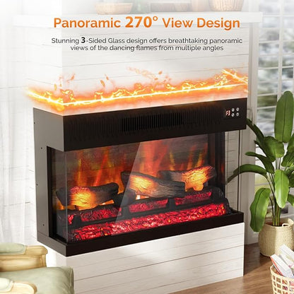 ROVSUN 1400W 3-Sided Glass Electric Fireplace Insert w/Remote Control, CSA