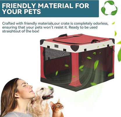 PETSFIT 30" Soft Portable Dog Crate – Patented Spiral Sturdy Frame, Collapsible Travel Kennel for Medium Dogs, 3 Mesh Door, Lockable Zippers, Indoor & Car Use Red