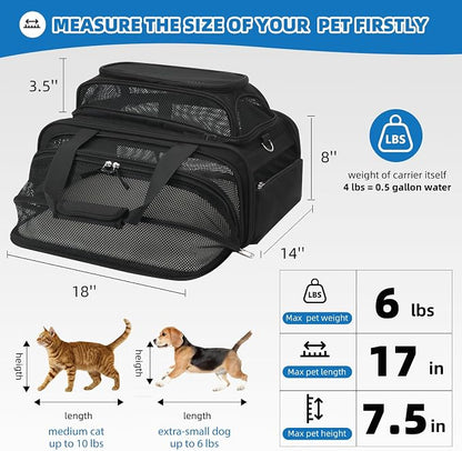 pidipiti 18x14x8 Soft-Sided pet Carrier,for 1 Extra-Small Dog/Medium cat | top and 1 side Expandable,TSA Approved,for Airlines only Have 8'' Height Space underseat,with zipper lock,good Visibility