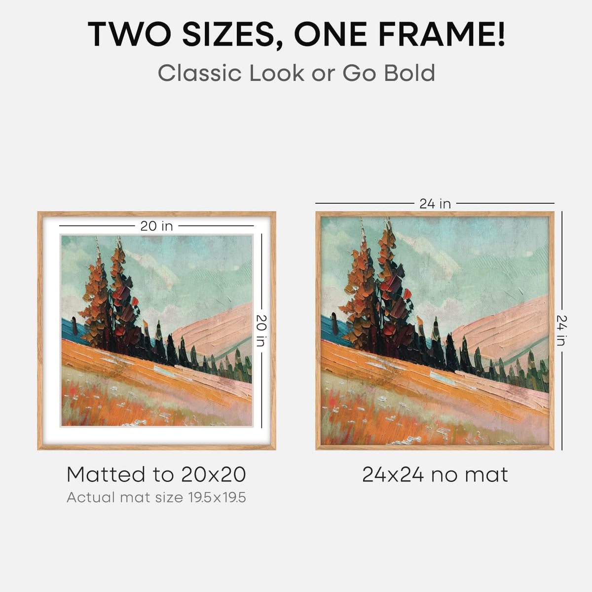 Homeforia 24x24 Wood Picture Frame, High End Natural Oak 24 x 24 Square Light Wooden Poster Frame with Mat 20 by 20 Photo, 24by24 Large Frames Matted to 20x20 Print, Tempered Glass, Wall Kit, Set of 1