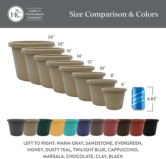 The HC Companies 8 Inch Prima Round Planter Pots with Drainage Holes and Rolled Rim, Lightweight UV-Resistant Plastic Indoor & Outdoor Planters, 4-Pack Flower Pots for Garden & Home Decor, Sandstone