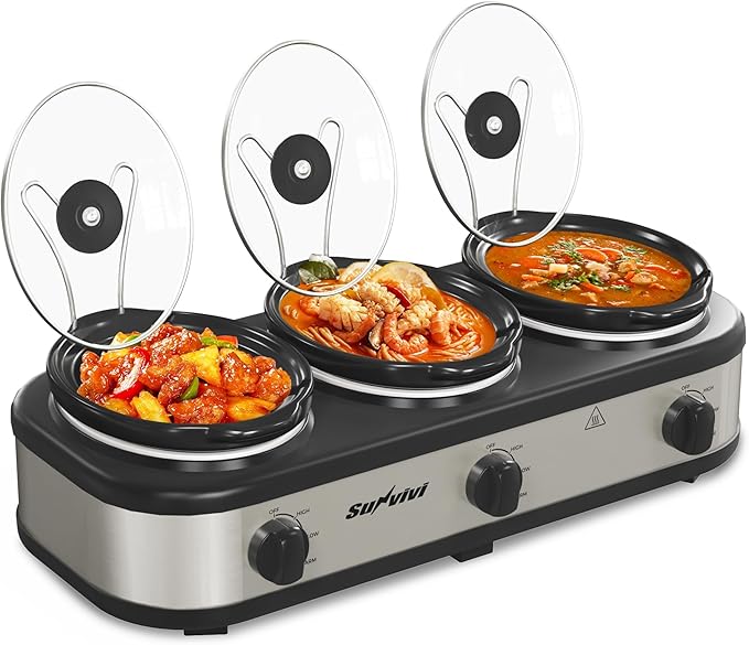 Sunvivi Triple Slow Cooker, Buffet Server and Food Warmer, Small Mini Pot